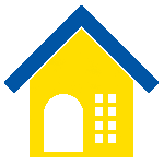 A stylized graphic of a house, yellow with a blue roof.