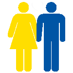 Logo representations of a woman and a man in yellow and blue.