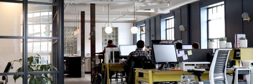 Desks and work stations at a modern office.