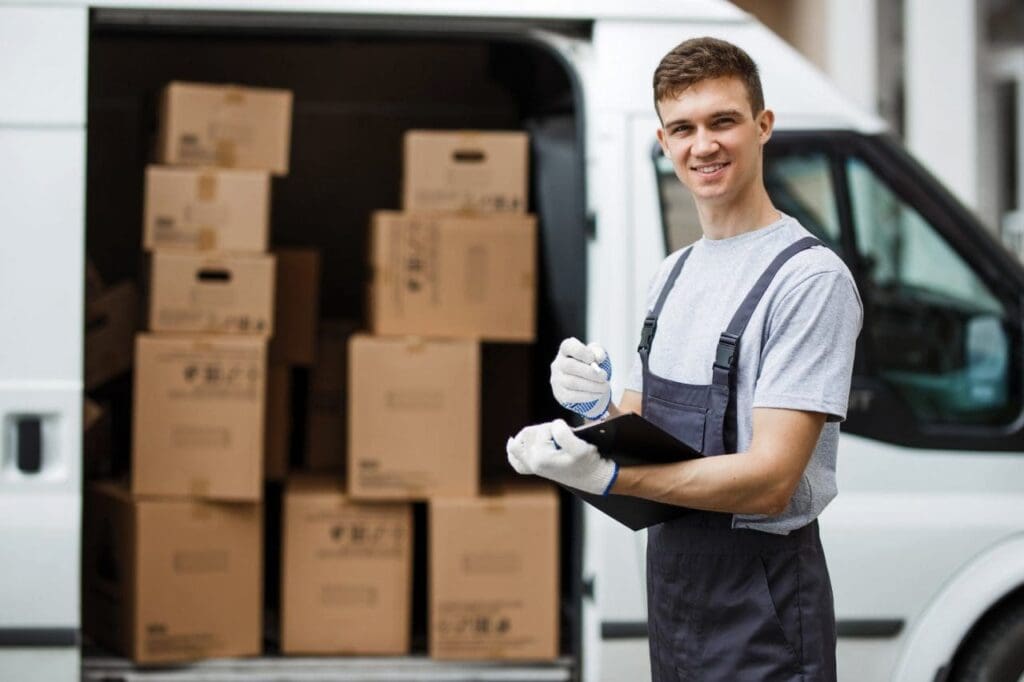 What to Expect When Moving From Ottawa to Laval: My Step-by-Step Relocation Process 17 a young handsome smiling worker wearing uniform is standing next to the van full of boxes holding a