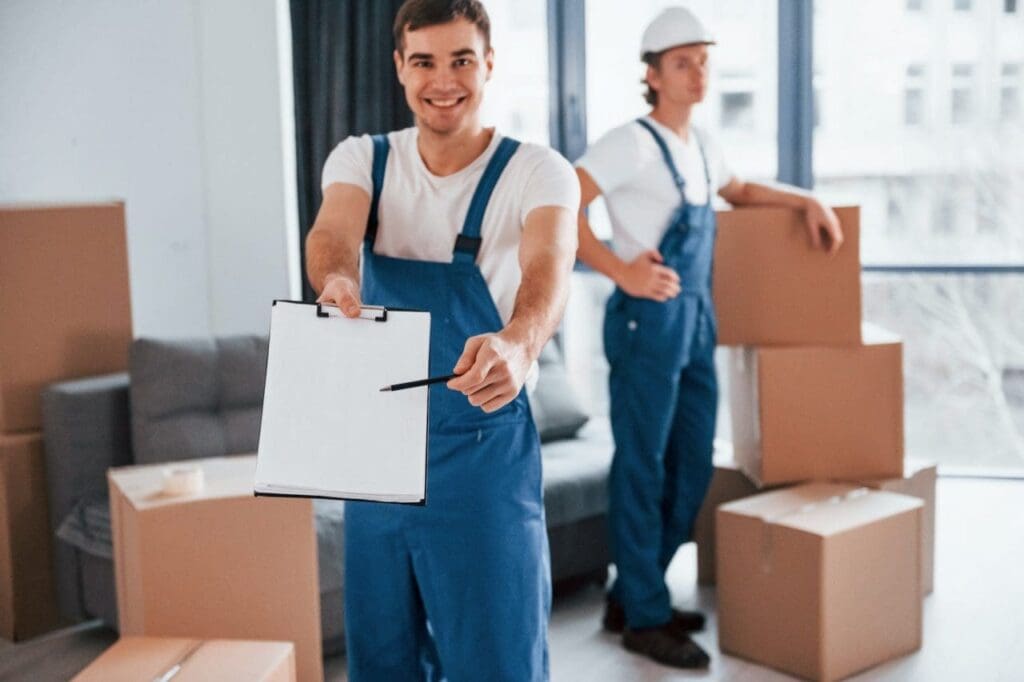 The Ultimate Moving and Storage Checklist for Families in Nepean, Westboro, and Kemptville 16 document to sign two young movers in blue uniform working indoors in the room