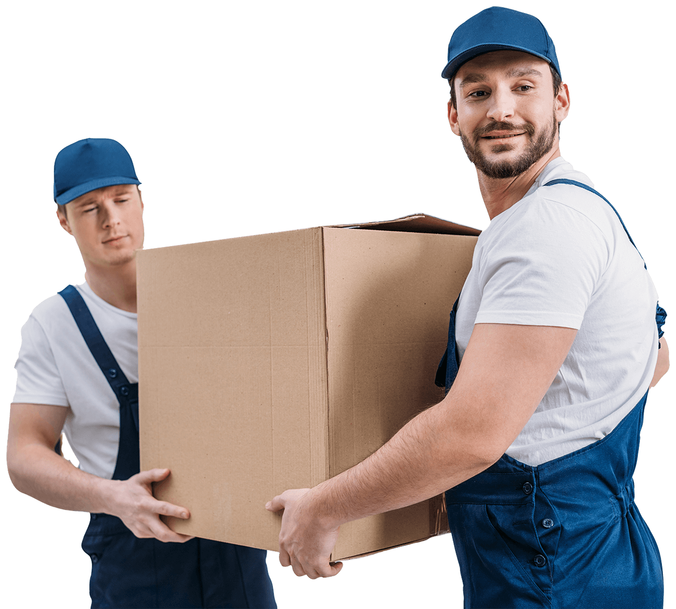 Long-Distance Moving 2 Long-Distance Moving two handsome movers transporting cardboard box in ER3BXQS